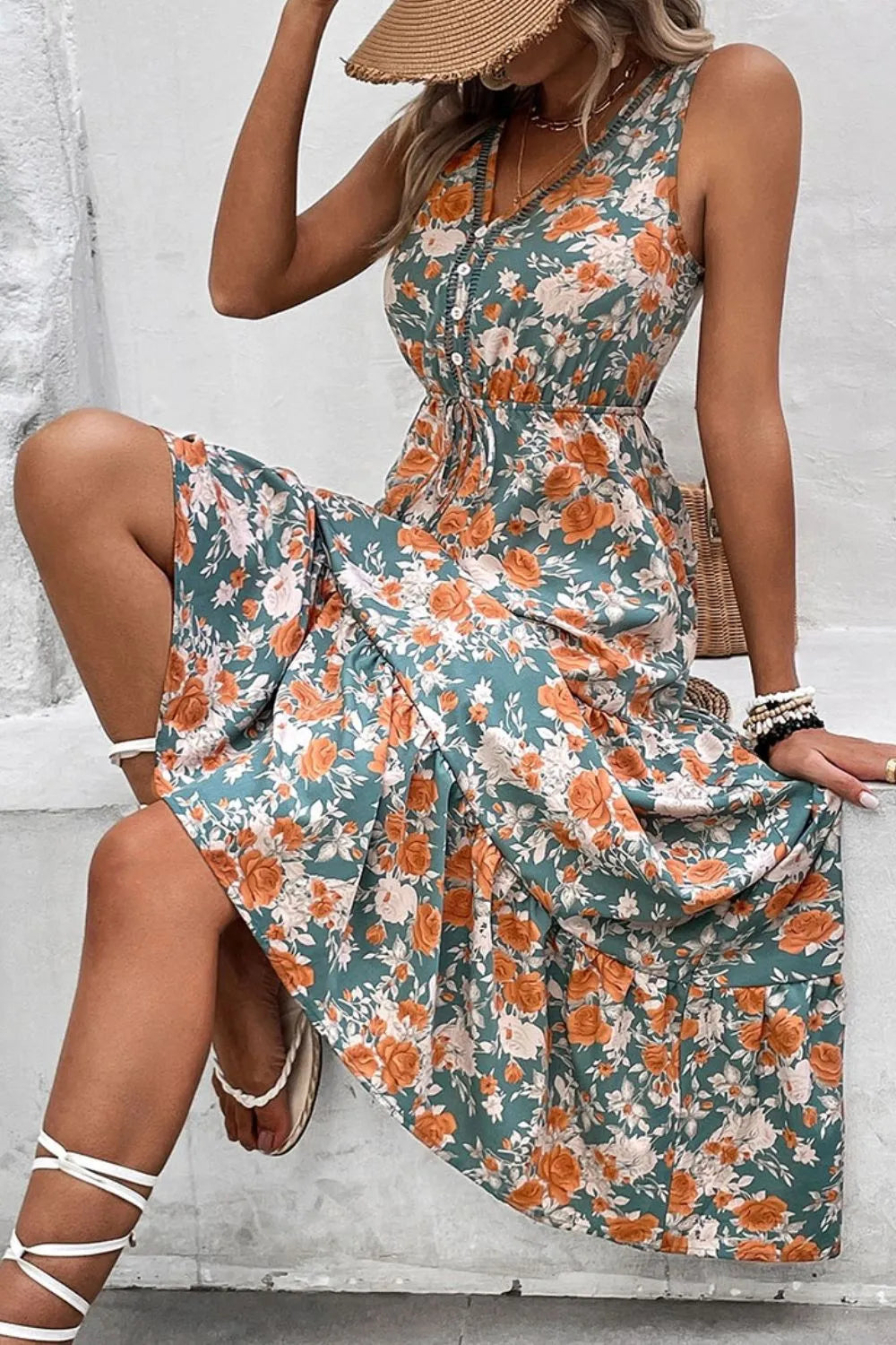 Floral Print Trimmed V Neck Tie Waist Sleeveless Dress OutfitFlow