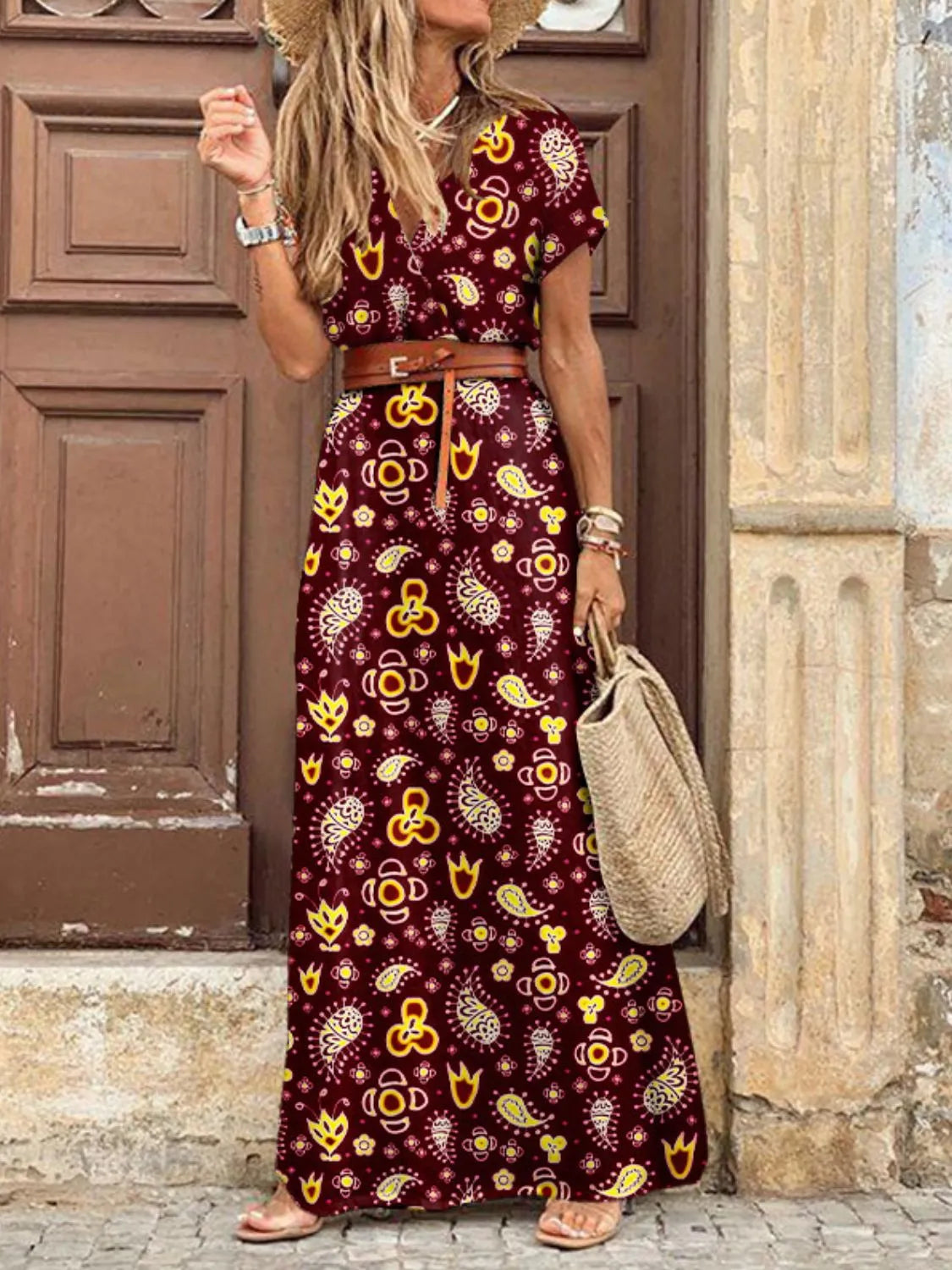 Full Size Printed V-Neck Short Sleeve Maxi Dress Plus Size Blue OutfitFlow