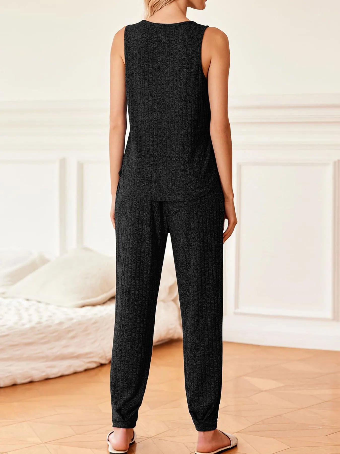 Ribbed Knit V-Neck Tank and Pants Lounge Set OutfitFlow