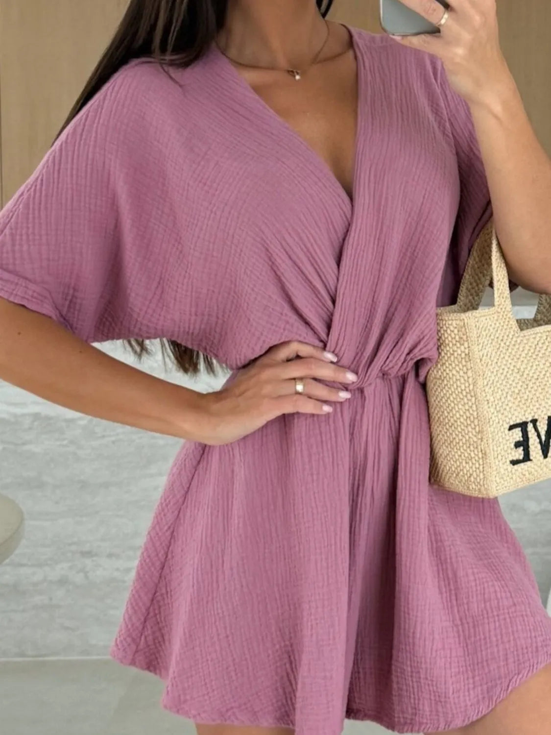 Surplice Half Sleeve Wrap Romper OutfitFlow