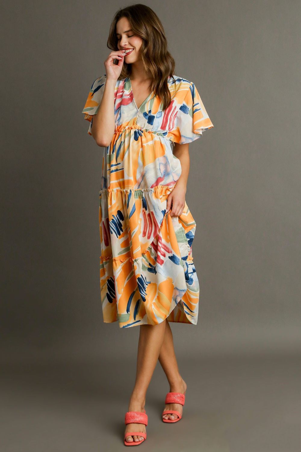 Umgee Full Size Abstract Print Flutter Sleeve Frill Tiered Midi Dress Plus Size OutfitFlow
