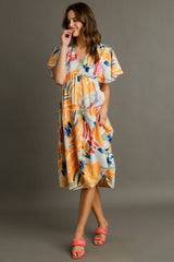 Umgee Full Size Abstract Print Flutter Sleeve Frill Tiered Midi Dress Plus Size OutfitFlow