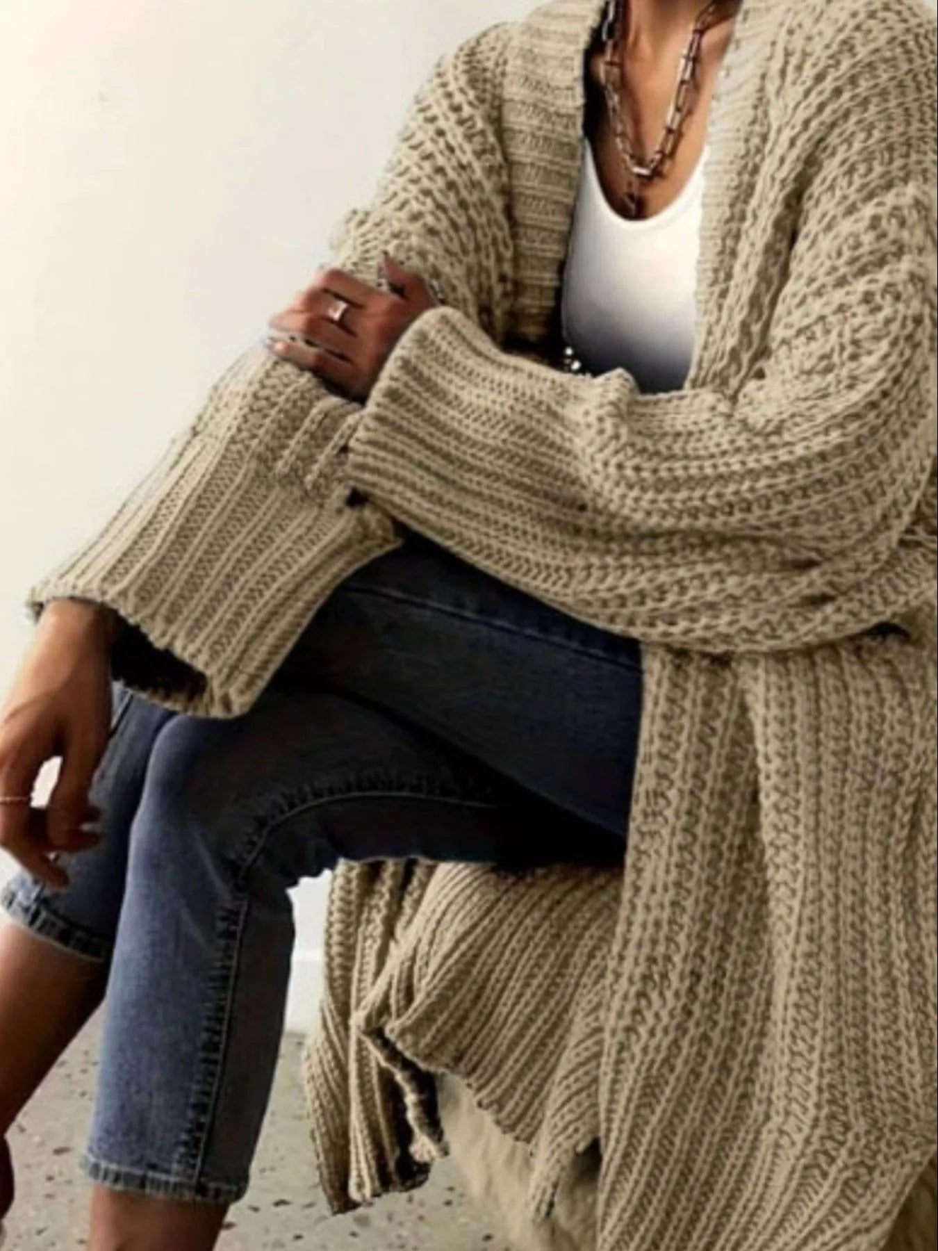 Chunky Knit Open Front Cardigan Khaki OutfitFlow
