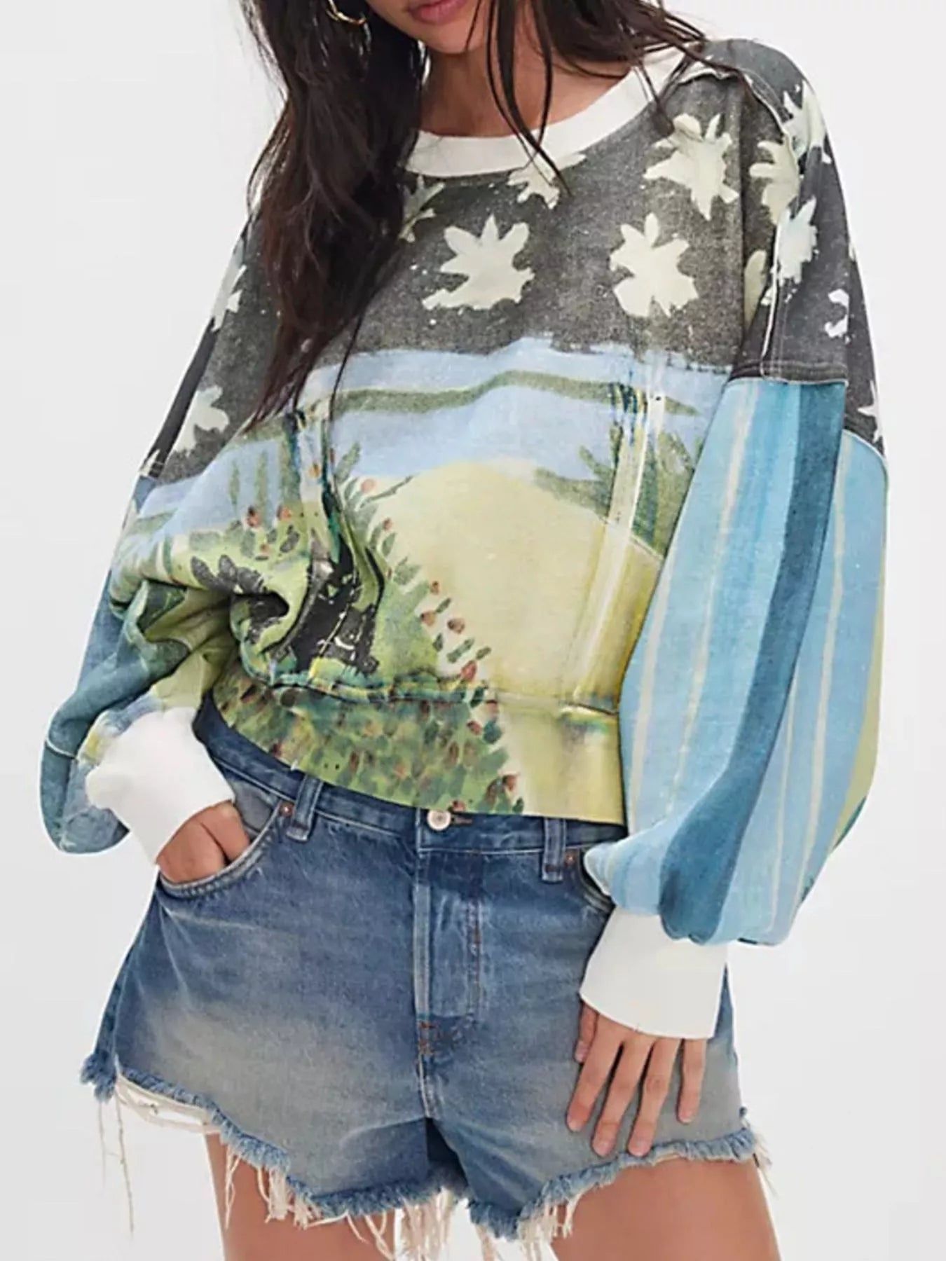 Printed Round Neck Dropped Shoulder Sweatshirt Blue OutfitFlow