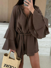 Bell Sleeve Tie Waist Mini Shirt Dress Brown OutfitFlow
