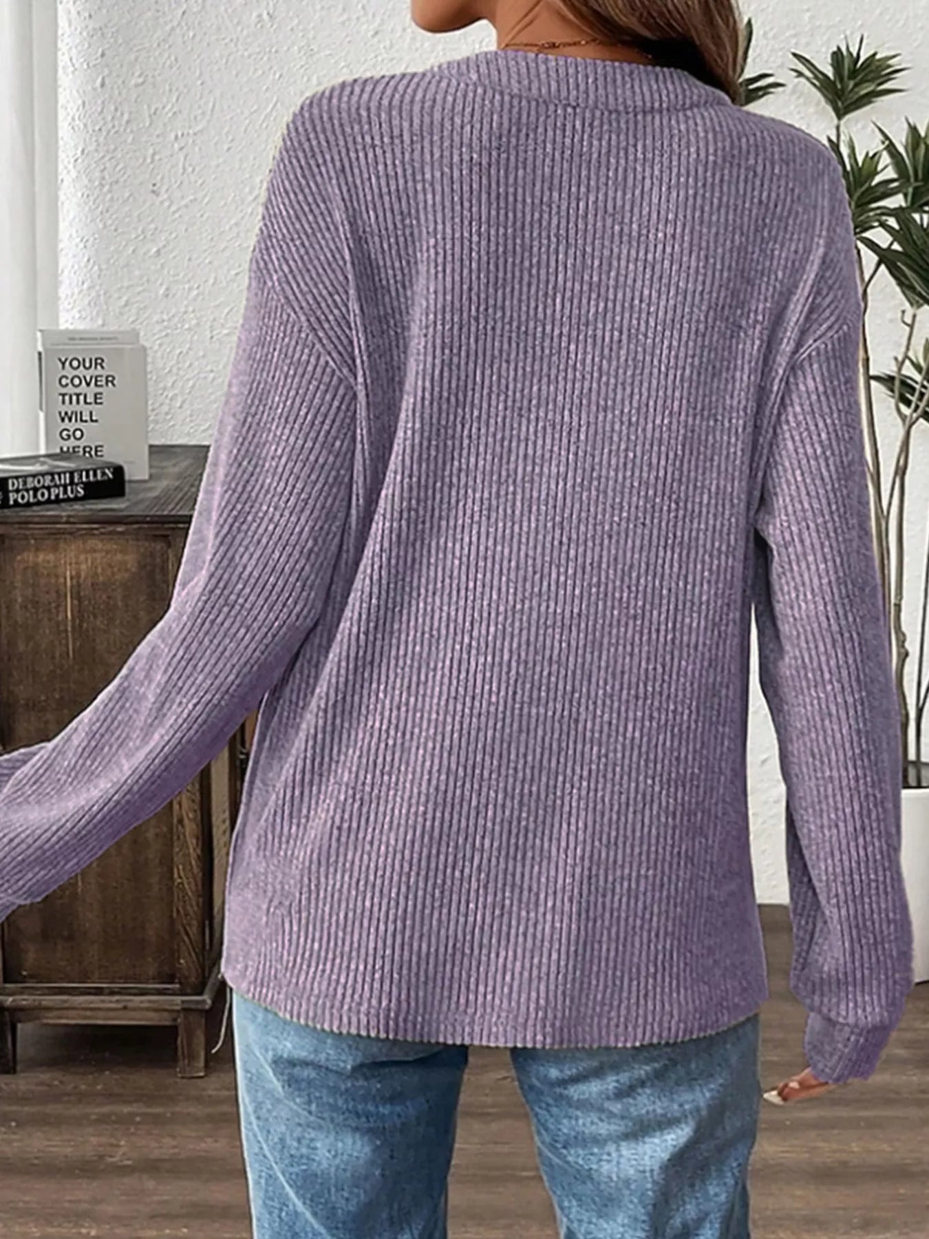Ribbed Button Detail Long Sleeve T-Shirt OutfitFlow