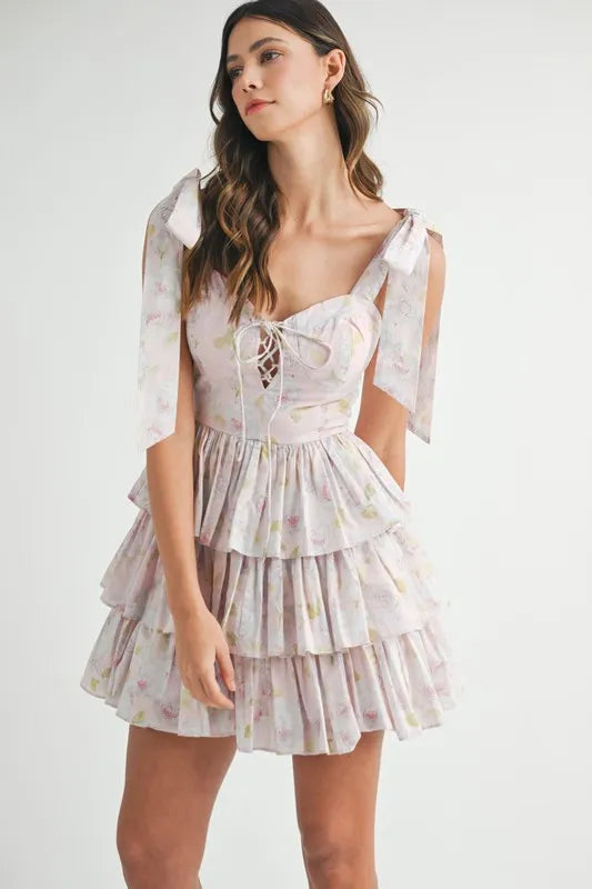 MABLE Floral Print Shoulder Tie Layered Mini Dress OutfitFlow