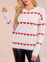 Heart Pattern Dropped Shoulder Sweater White Red Heart OutfitFlow
