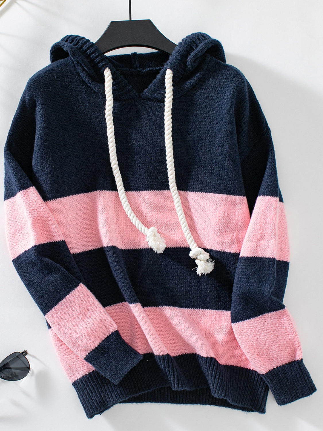 Outfit Flow - Drawstring Contrast Stripe Dropped Shoulder Hooded Sweater