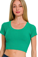 Zenana Ribbed Scoop Neck Crop Short Sleeve Top K GREEN OutfitFlow