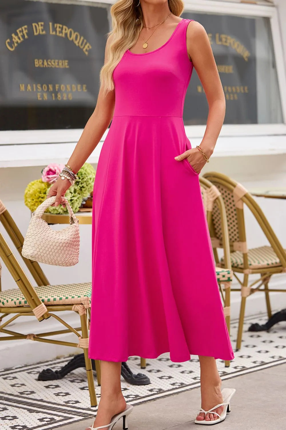 Side Slit Scoop Neck Wide Strap Dress OutfitFlow