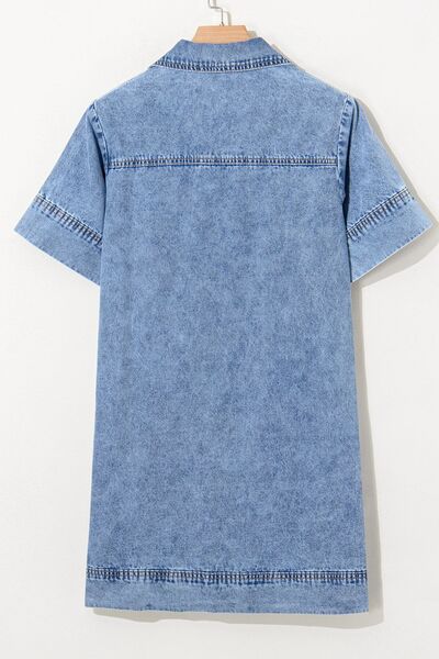 Short Sleeve Collared Patched Pocket Denim Mini Dress OutfitFlow