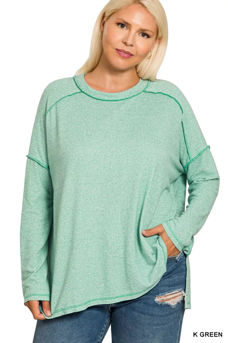 Zenana Full Size Melange Hacci Exposed Seam Hi-low Tee Plus Size OutfitFlow
