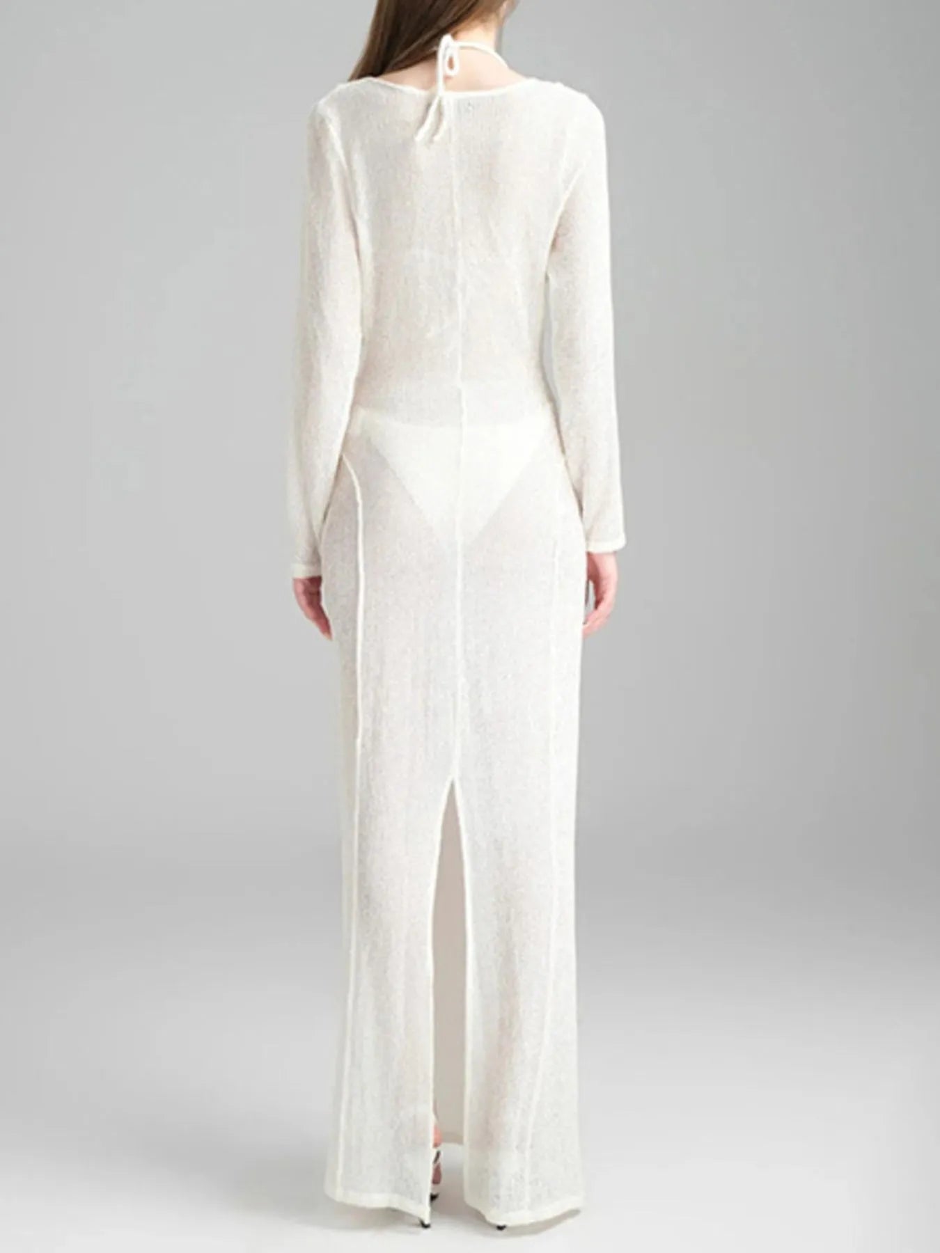 Pearl Detail Long Sleeve Knit Cover Up Dress OutfitFlow