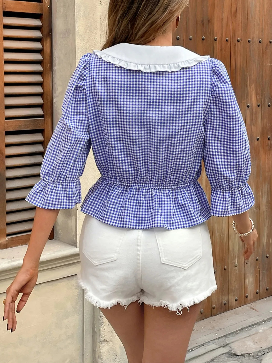 Tie Front Plaid Flounce Sleeve Blouse OutfitFlow