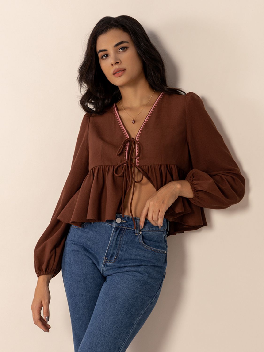 Peplum Tied V-Neck Long Sleeve Blouse OutfitFlow