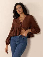 Peplum Tied V-Neck Long Sleeve Blouse OutfitFlow