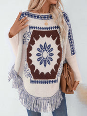 Outfit Flow - Fringe Geometric Long Sleeve Poncho