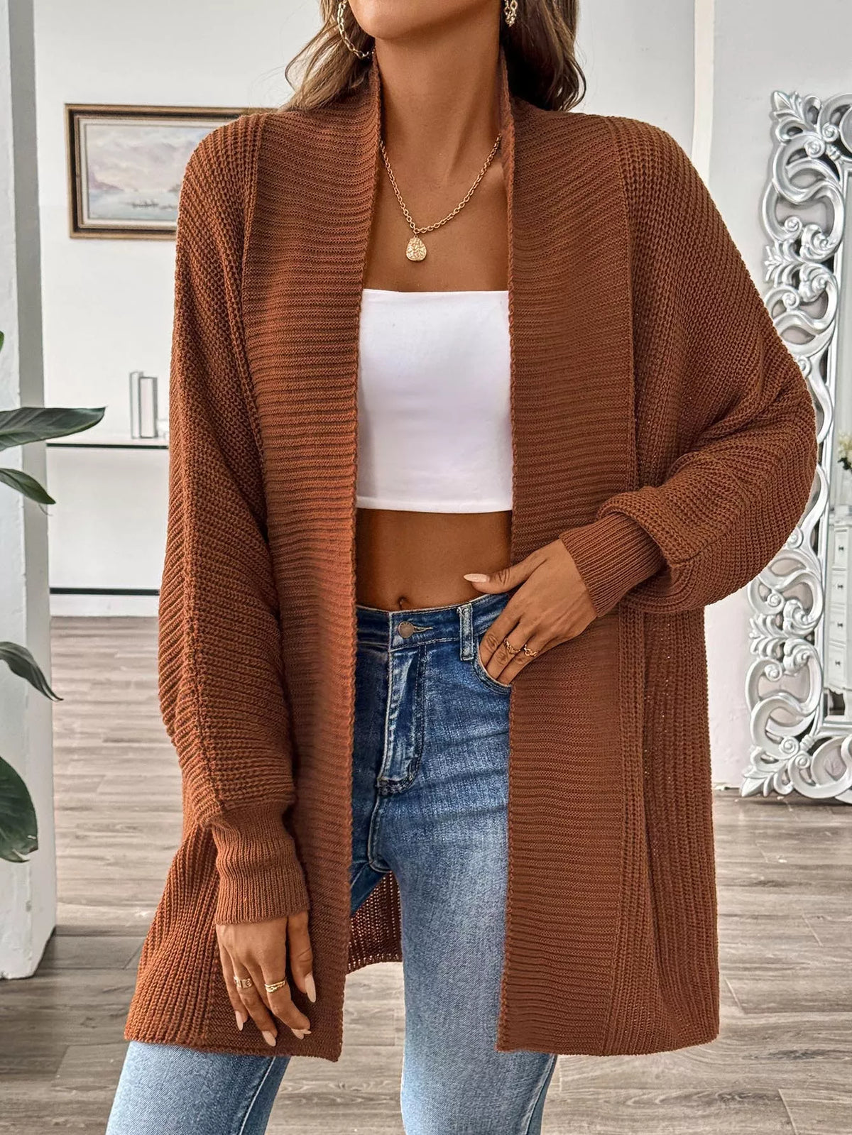 Open Front Ribbed Knit Cardigan Caramel One Size OutfitFlow