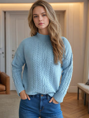 Outfit Flow - Cable-Knit Mock Neck Dropped Shoulder Sweater