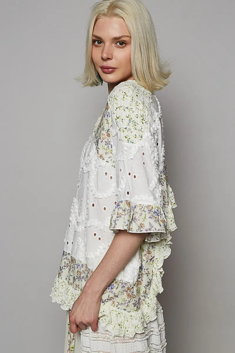 POL Floral Print Eyelet Ruffled Hem Blouse OutfitFlow