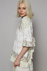 POL Floral Print Eyelet Ruffled Hem Blouse OutfitFlow
