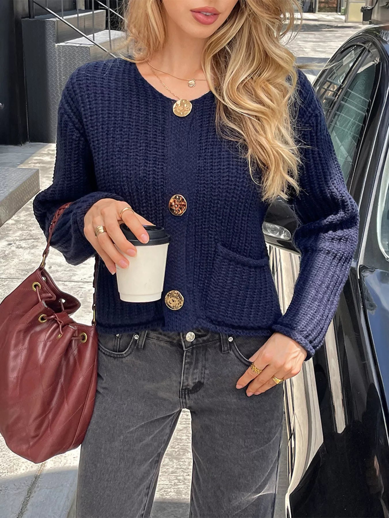 Chunky Knit Button-Down Cardigan Trendsi