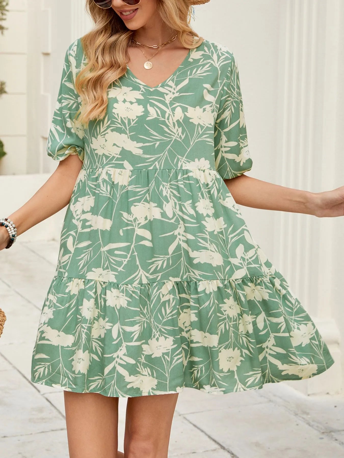 Printed V-Neck Ruffle Hem Mini Dress OutfitFlow