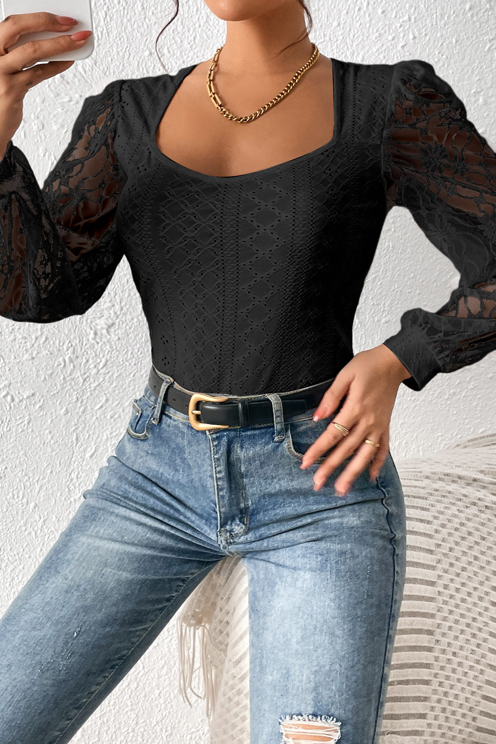 Outfit Flow - Eyelet Lace Long Sleeve Bodysuit