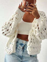 Openwork Button Up V-Neck Cardigan OutfitFlow