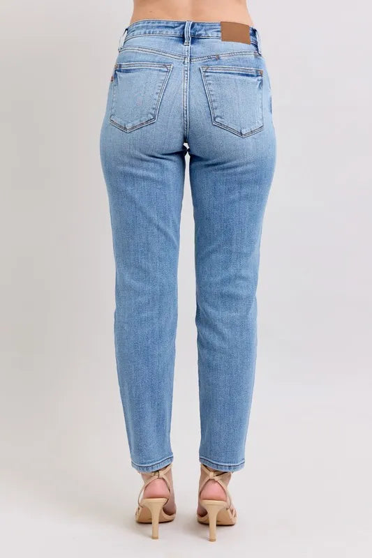 Judy Blue Full Size Mid Rise Vintage Wash Slim Jeans with Cell Phone Pocket Plus Size OutfitFlow