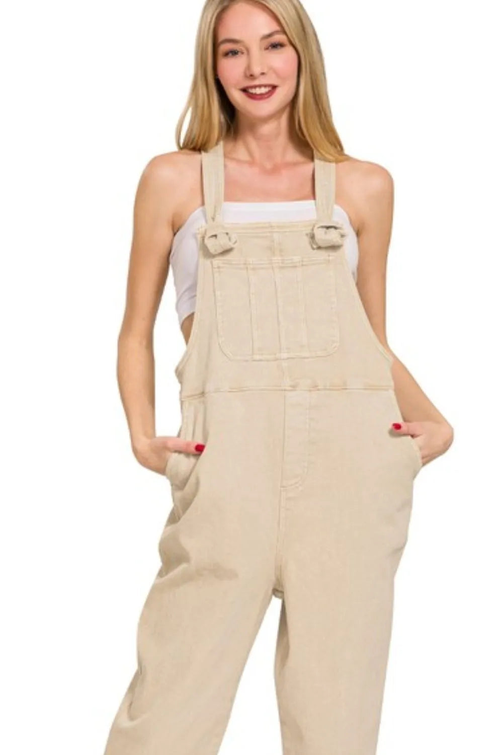 Zenana Washed Knot Strap Relaxed Fit Overalls OutfitFlow