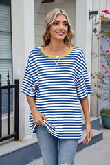 Contrast Striped Round Neck Half Sleeve T-Shirt OutfitFlow