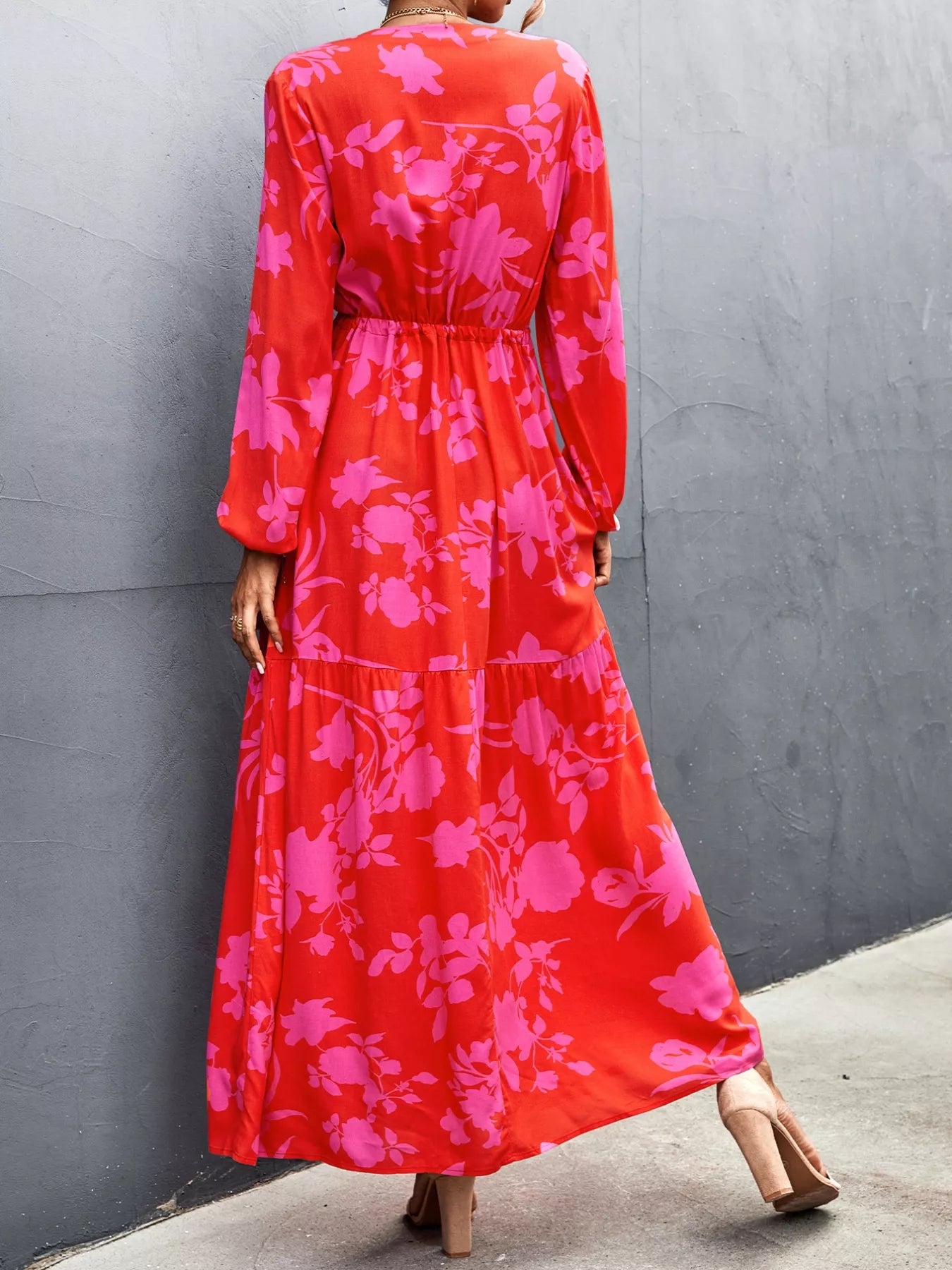 Floral Drawstring Waist Long Sleeve Maxi Dress OutfitFlow
