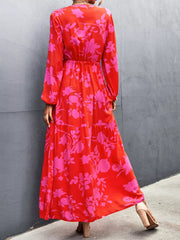 Floral Drawstring Waist Long Sleeve Maxi Dress OutfitFlow