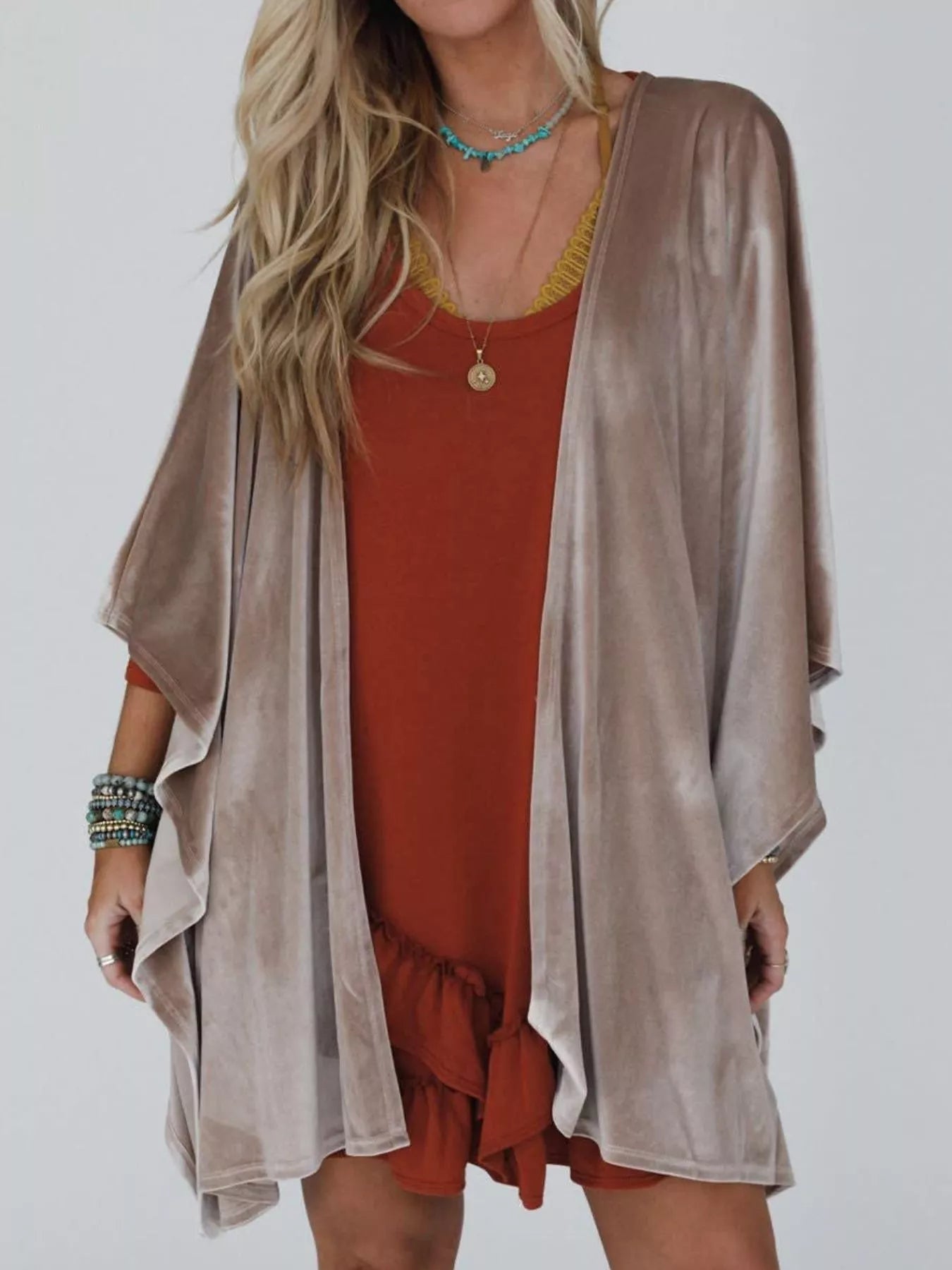 Open Front Draped Sleeve Cardigan OutfitFlow