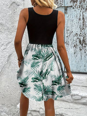 Tropical Print Sleeveless Summer Dress with Lace Waist Detail OutfitFlow