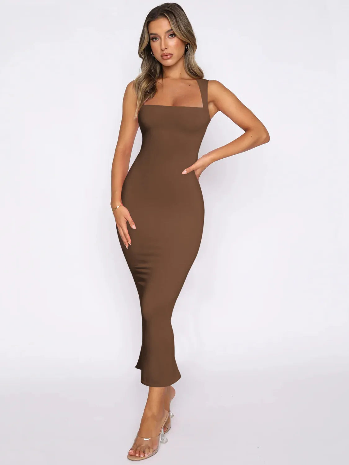 Slit Back Sleeveless Maxi Tank Dress Brown OutfitFlow