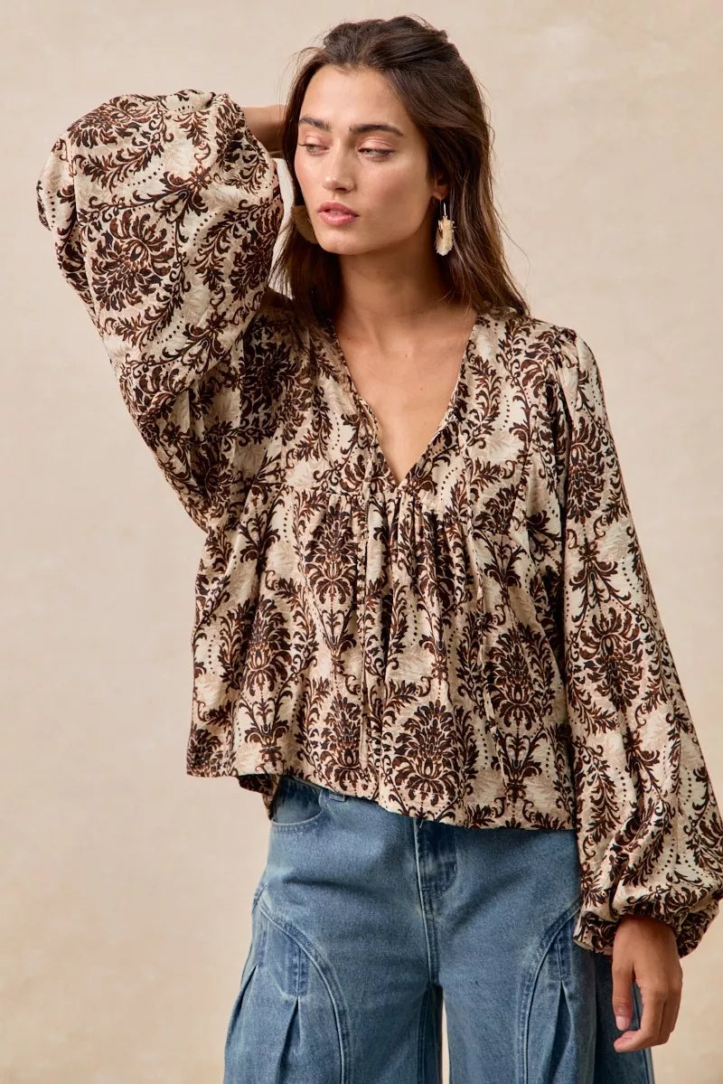 BiBi Printed Woven Front Tied Blouse with Baloon Sleeve OutfitFlow