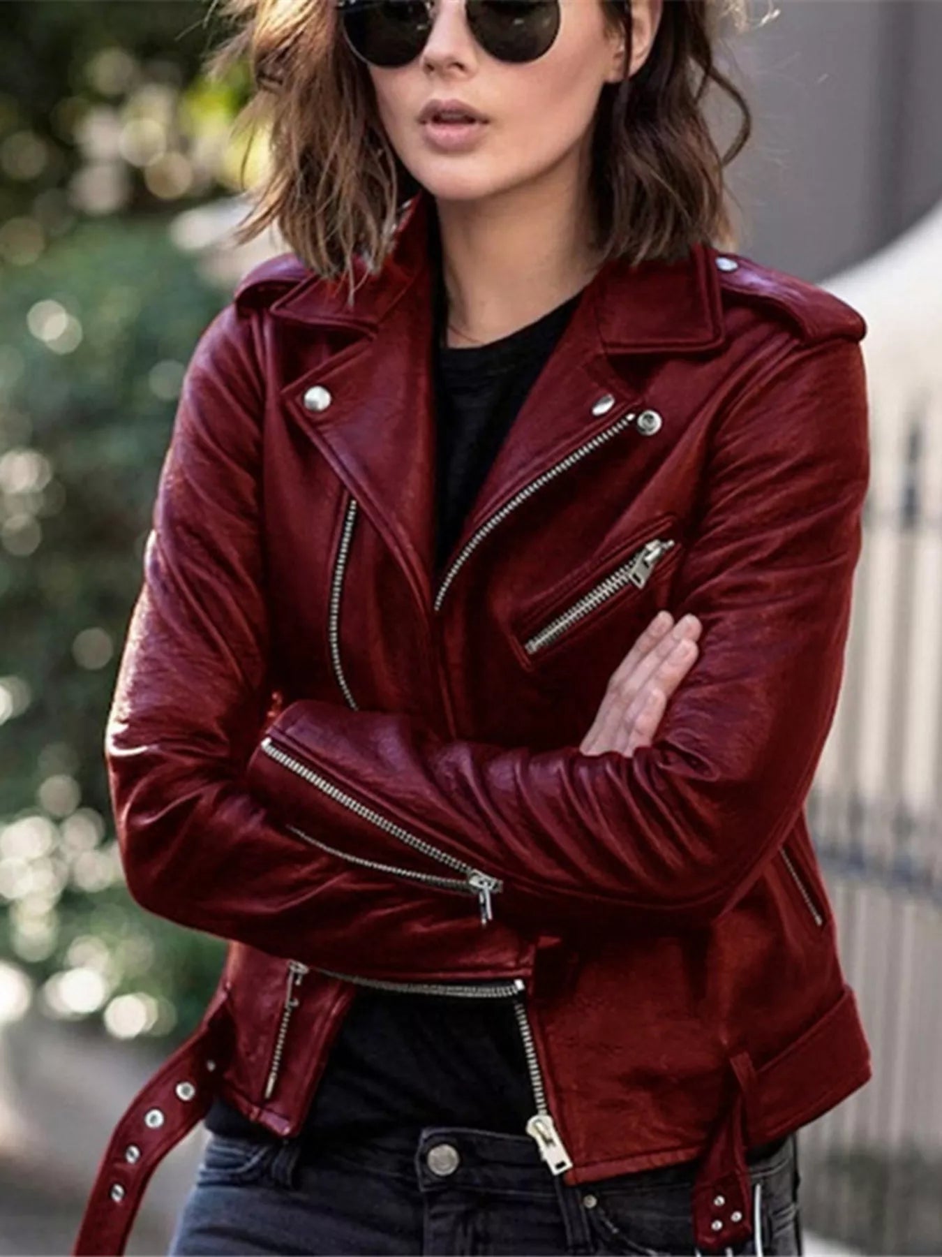 Full Size Zip Up Leather Motorcycle Biker Jacket Plus Size OutfitFlow