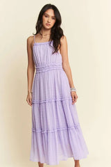 Davi & Dani Texture Swiss Dot Ruffle Square Neck Midi Dress OutfitFlow