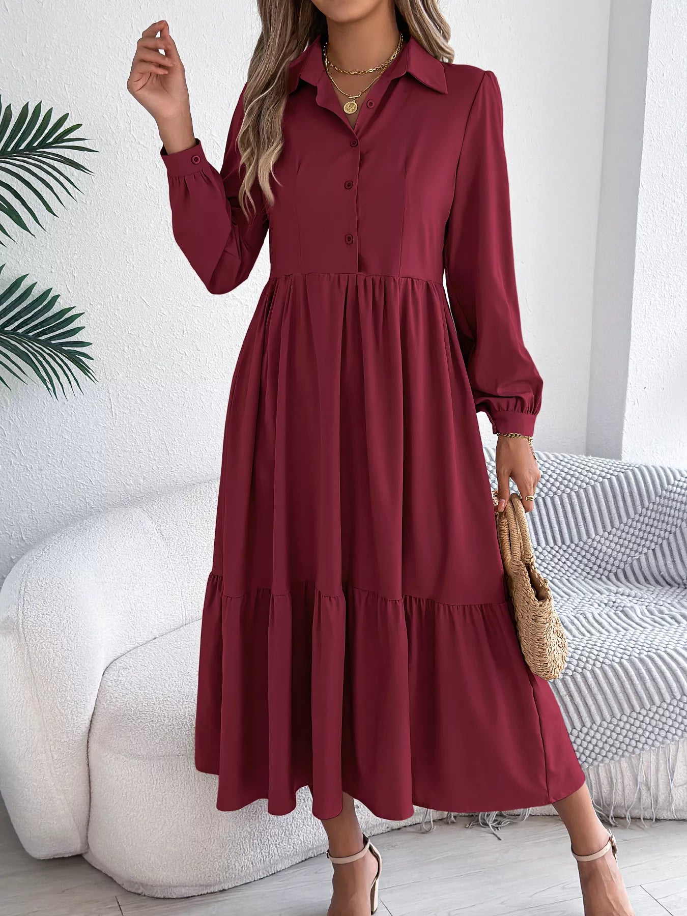 Long Sleeve Tiered Button Front Midi Dress OutfitFlow