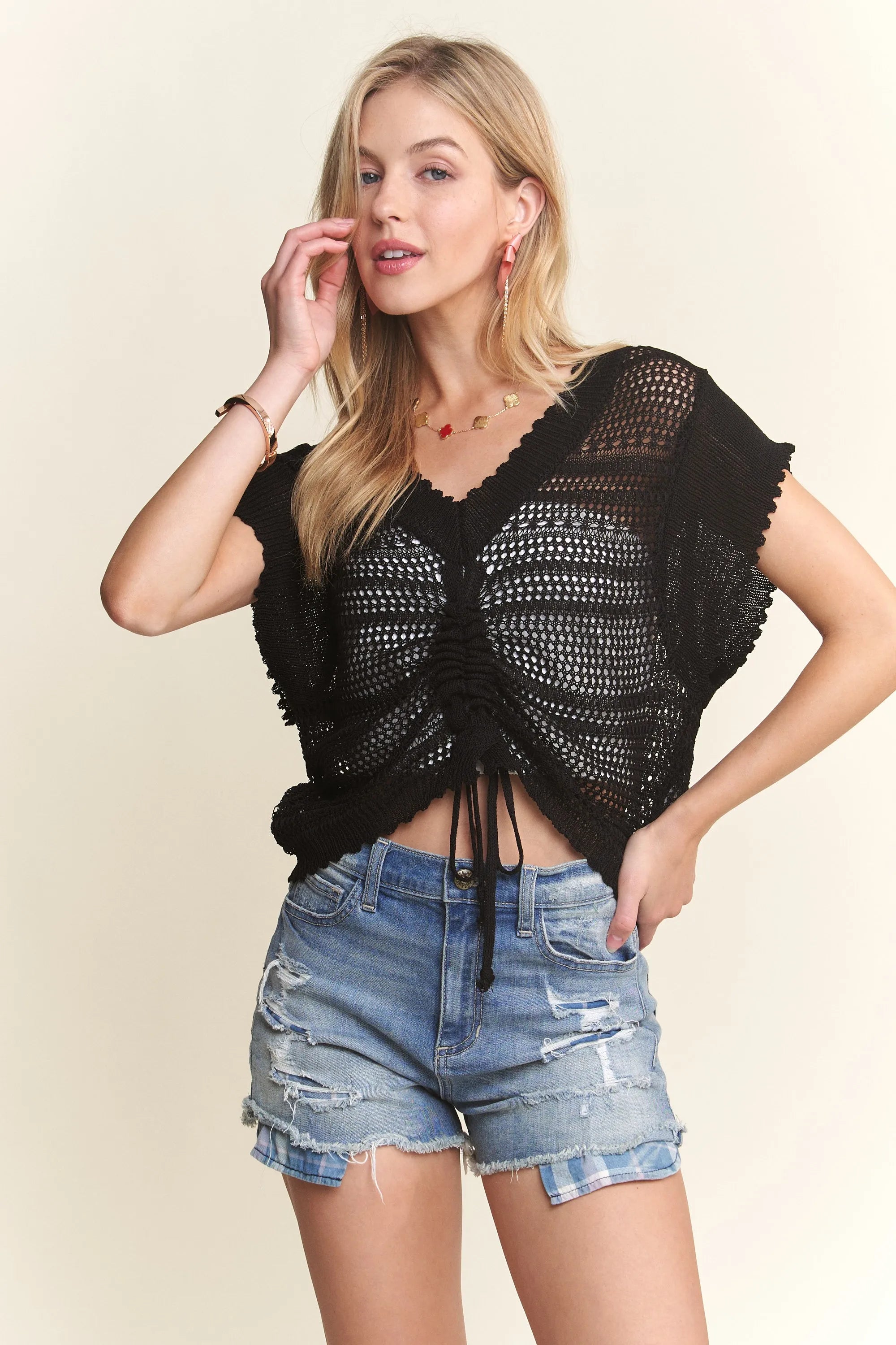 ADORA Drawstring Detail Crochet Top OutfitFlow