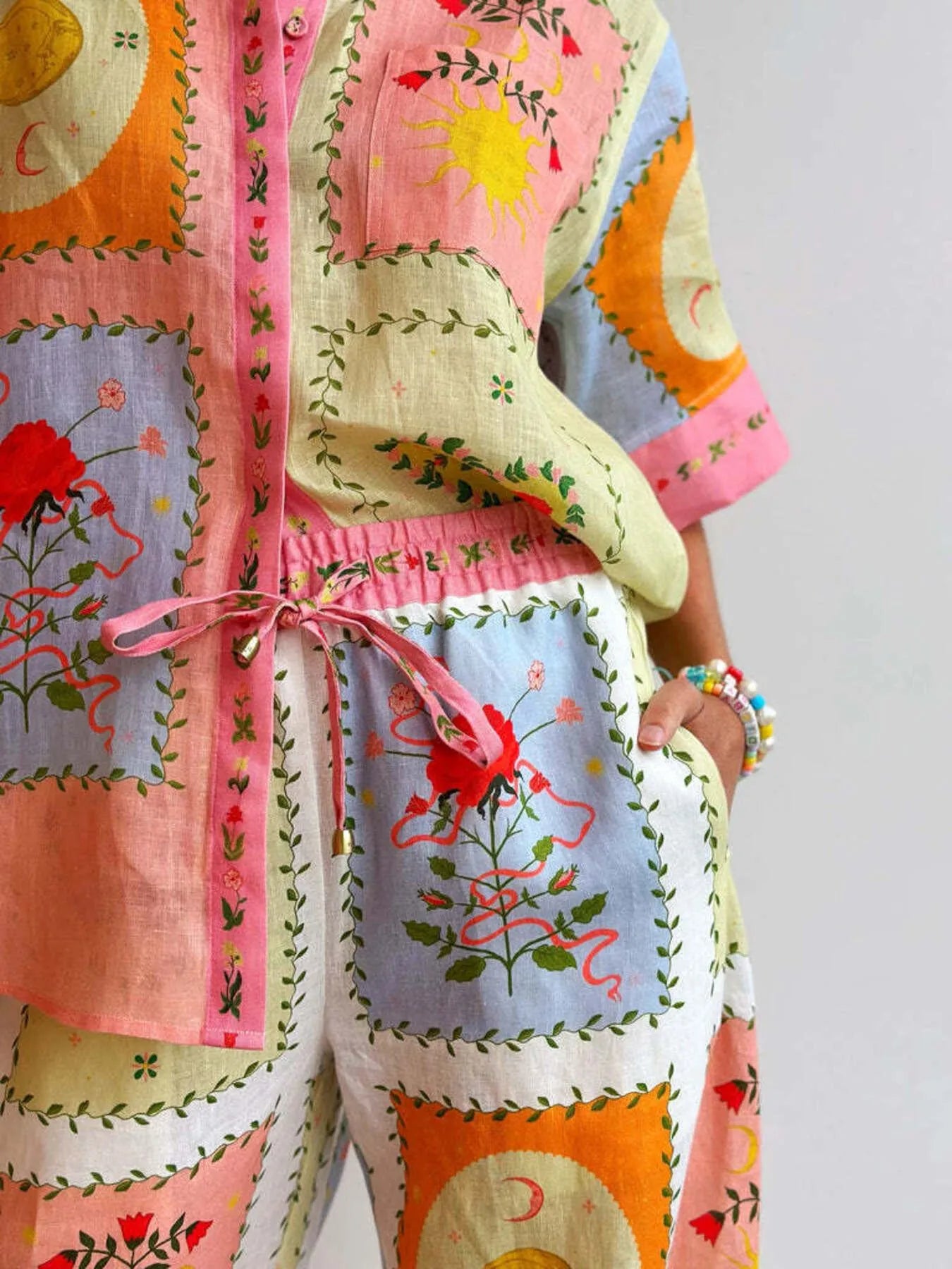 Printed Button Up Shirt and Pants Set OutfitFlow