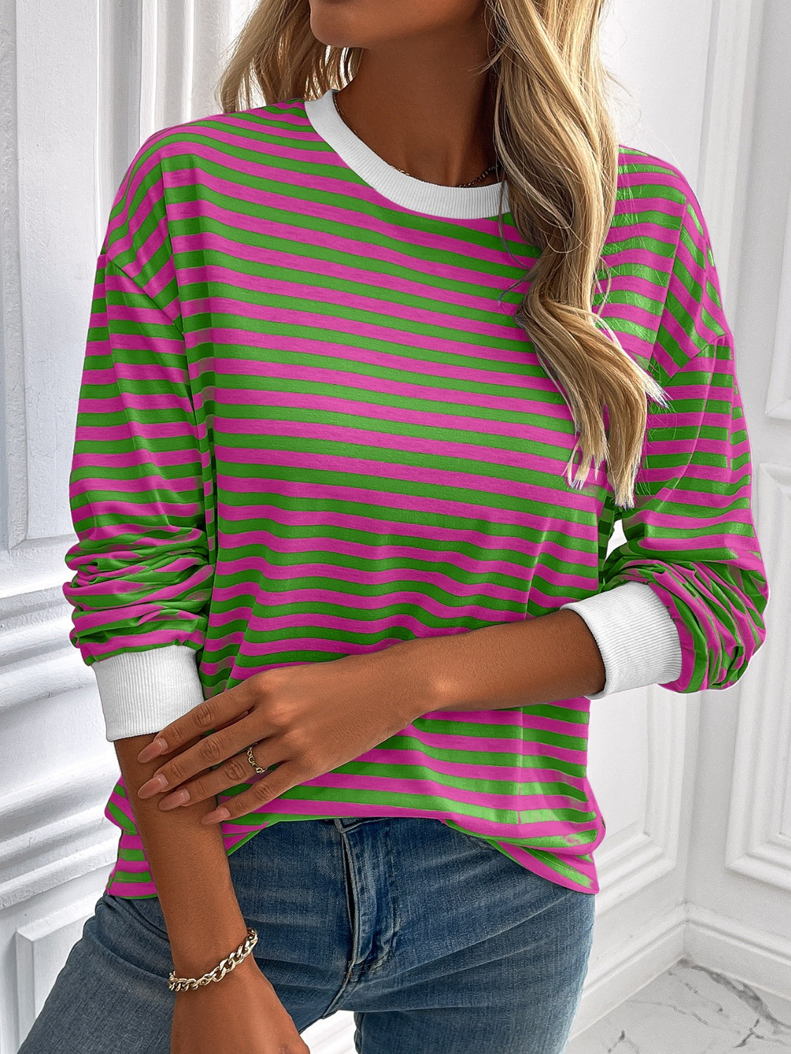 Outfit Flow - Ivy Lane Striped Round Neck Long Sleeve Sweatshirt