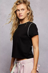 POL Contrast Stitching Round Neck Short Sleeve T-Shirt Trendsi