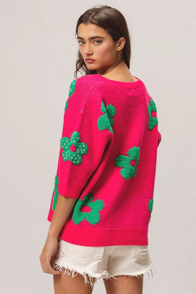 BiBi Pearl Beads Flowers Sweater Top OutfitFlow