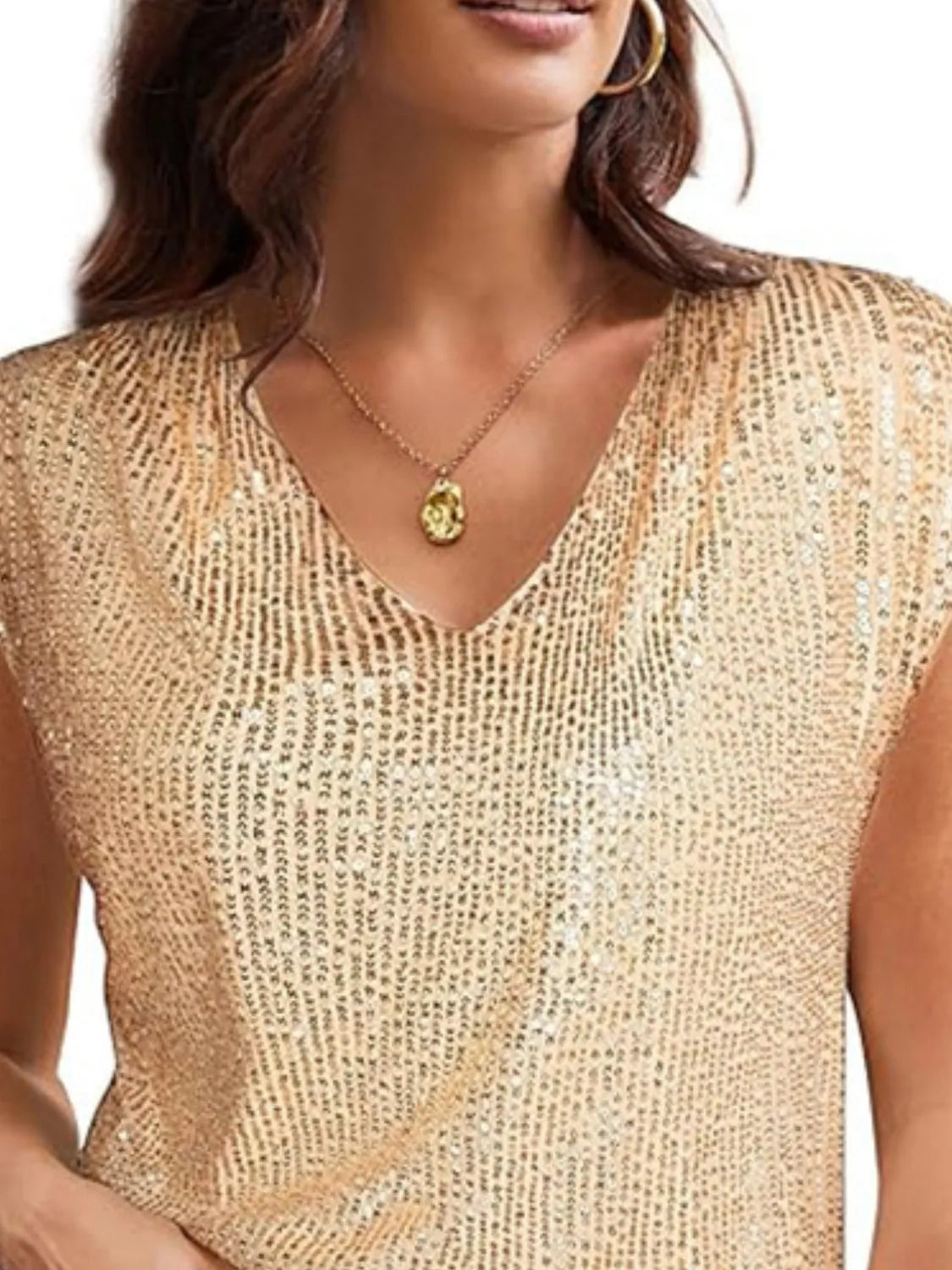 V-Neck Sequin Cap Sleeve Top OutfitFlow