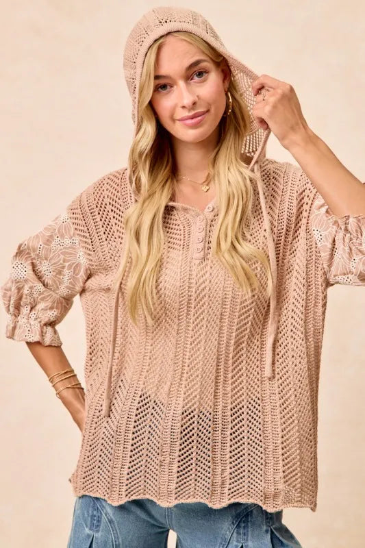BiBi Jacquard Flower Puff Sleeve Hooded Knit Top OutfitFlow