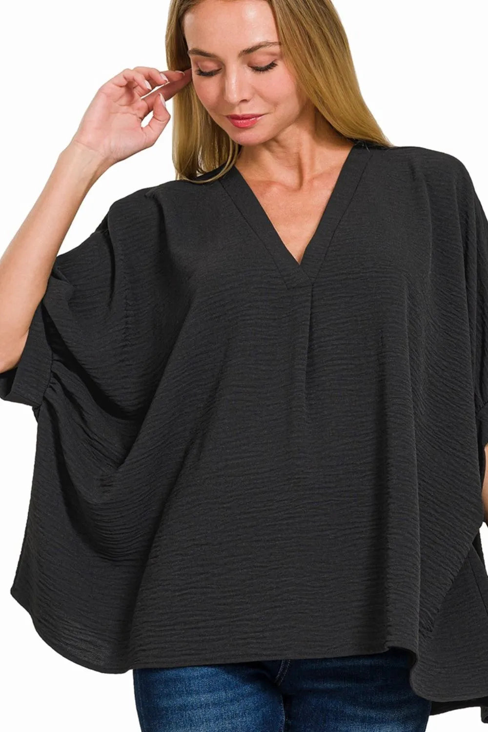 Zenana Woven Airflow V-neck Puff Half Sleeve Top BLACK OutfitFlow